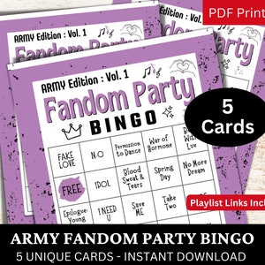 ARMY Fandom Party Bingo 5 Cards, gra strumieniowa Kpop Songs, rocznica koreańskiej grupy, motyw aktywności koncertu fanów Icebreaker do wydrukowania w formacie PDF