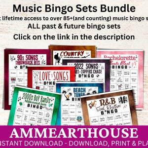 May include: A collection of printable music bingo cards featuring various themes, including 90s songs, love songs, country, beach tunes, R&B, and bachelorette beats. The cards are colorful and feature musical notes and other designs. The text "AMMEARTHOUSE" is displayed at the bottom of the image.