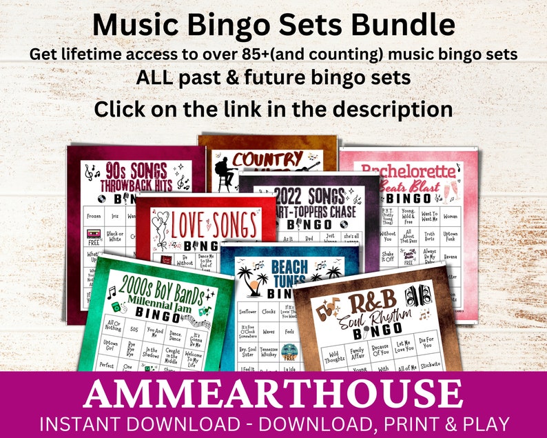 May include: A collection of printable music bingo cards featuring various themes, including 90s songs, love songs, country, beach tunes, R&B, and bachelorette beats. The cards are colorful and feature musical notes and other designs. The text "AMMEARTHOUSE" is displayed at the bottom of the image.