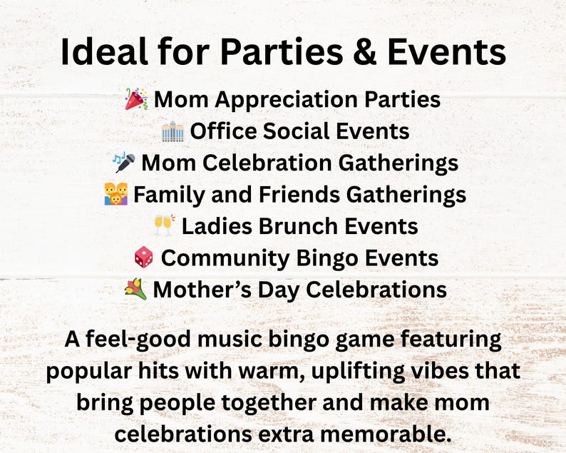 Ideal for Mom Appreciation Parties, Mother’s Day celebrations, mom’s birthdays, family gatherings, ladies brunch events, office social events, community bingo nights, fundraisers, and friends’ game nights. Perfect for adding music-filled fun to any mom celebration or group event, big or small.