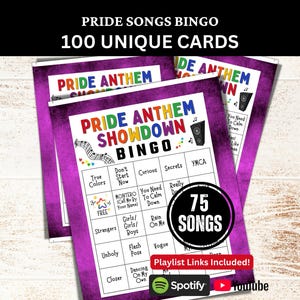 Pride Songs Bingo 100 Cards, Rainbow Themed Office Game, Community Music Bingo with Playlist, Adult Printable LGBTQ Trans Party Activity
