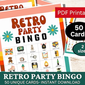 50 Retro Party Bingo Spielkarten, National Retro Day Aktivität, Throwback Geburtstag druckbares Spiel, Vintage Bachelorette PDF, Boho Themed