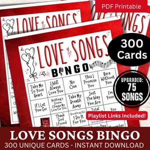 Tarjeta de bingo de 300 canciones de amor, actividad romántica para una fiesta de aniversario, libro imprimible clásico para una reunión familiar, bingo musical de San Valentín con lista de reproducción