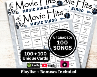 Movie Hits Music Bingo, 100 Cards, 100 Songs Playlists Included, Printable PDF Game, Instant Download