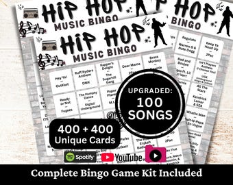 Hip Hop Music Bingo 400 Cards, Top 100 Songs Printable Game, Offline Playlist 1-Minute Snippets