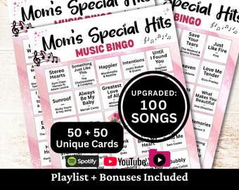 Mom's Special Hits Music Bingo, 50 Cards, 100 Songs Playlists Included, Mother-themed, Printable PDF Game, Instant Download