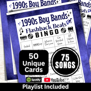 1990s Boy Bands Songs Bingo 50 Cards, Throwback Music Bingo with Playlist, 90s Friend Gathering Activity for Adult, Family Reunion Party