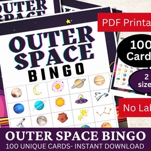 100 Weltraum Bingo Spiel Karte, Spaß Sonnensystem Thema Party Aktivität, Wissenschaft Klassen Spiel druckbar, Geburtstag für Kinder Spiel PDF, Homeschool