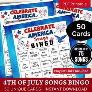 Bingo de 50 tarjetas con canciones para fiestas del 4 de julio, bingo de música navideña con lista de reproducción, actividad imprimible de barbacoa para adultos, juego de reunión familiar