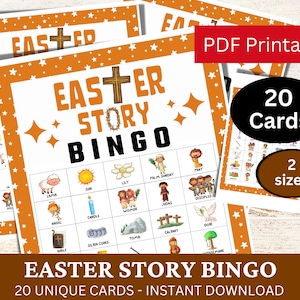 20 cartes de jeu de bingo histoire de Pâques, activité de rassemblement des jeunes de l'église biblique, classe d'école du dimanche imprimable, jeu religieux PDF pour catholique
