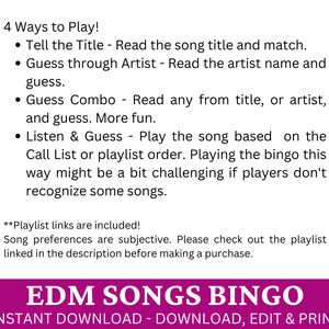 Puede incluir: Una tarjeta de bingo imprimible para un juego de m&uacute;sica EDM. La tarjeta tiene un fondo rosa con texto blanco que dice "EDM Songs Bingo" y "Descarga instant&aacute;nea - Descarga, edita e imprime". El texto a continuaci&oacute;n enumera cuatro formas de jugar el juego.