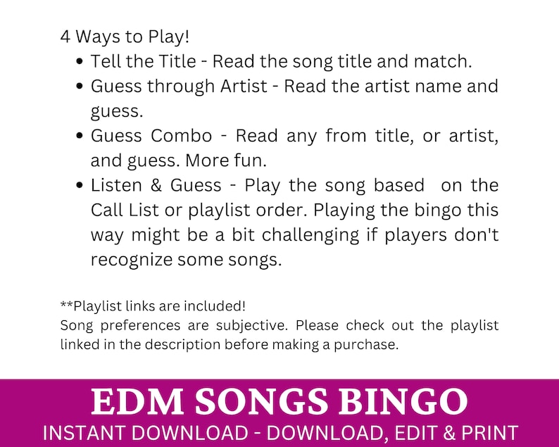 Puede incluir: Una tarjeta de bingo imprimible para un juego de m&uacute;sica EDM. La tarjeta tiene un fondo rosa con texto blanco que dice "EDM Songs Bingo" y "Descarga instant&aacute;nea - Descarga, edita e imprime". El texto a continuaci&oacute;n enumera cuatro formas de jugar el juego.