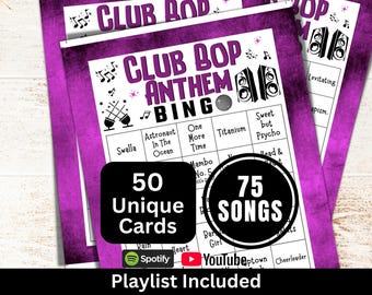 Club & Party Songs Bingo 50 Cards, Fundraising Social Gathering Games, Dance Music Bingo with Playlist, Fun Family Holiday Themed Activity
