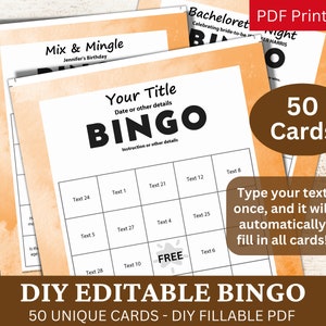 50 PDF de plantilla editable de bingo acuarela naranja, tarjeta de juego rellenable DIY, relleno automático personalizado, personalizado haga su propio generador