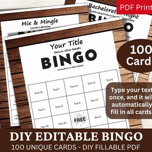 100 PDF de plantilla de madera oscura rústica de bingo editable, tarjeta de juego rellenable de bricolaje, relleno automático personalizado, personalizado haga su propio generador