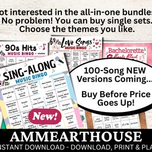 May include: A collection of music bingo game sets with various themes, including 90s Hits, Love Songs, and Sing-Along. The image features colorful designs and text, with a promotional message about new versions and instant download availability.