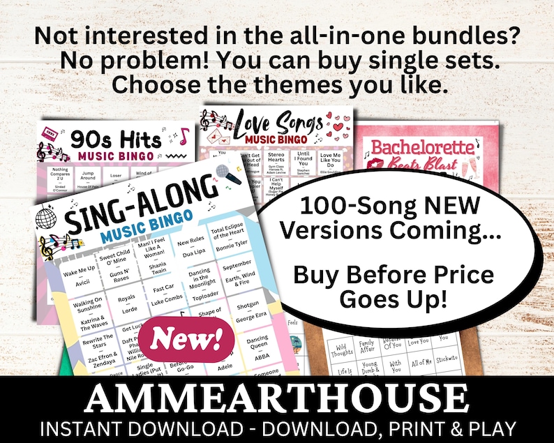 May include: A collection of music bingo game sets with various themes, including 90s Hits, Love Songs, and Sing-Along. The image features colorful designs and text, with a promotional message about new versions and instant download availability.