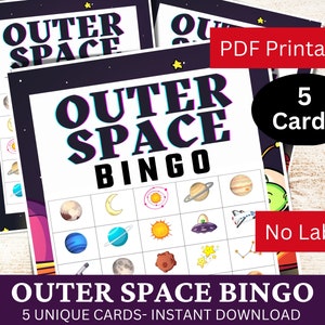5 cartas de jogo de bingo no espaço sideral, atividade divertida de festa temática do sistema solar, jogo de aula de ciências para impressão, jogo de aniversário para crianças em PDF, ensino em casa