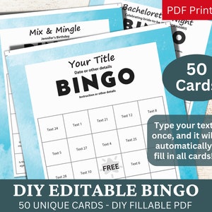 50 bewerkbare bingo aquarel hemelsblauwe sjabloon PDF, DIY invulbare gamekaart, aangepaste automatische vulling, gepersonaliseerd Maak uw eigen generator
