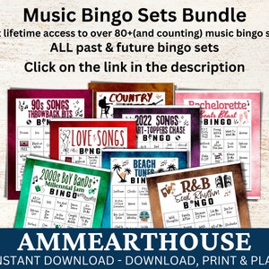 May include: A collection of printable music bingo cards featuring various themes, including 90s songs, love songs, country, beach tunes, R&B, and a bachelorette party theme. The cards are designed with a vintage aesthetic and feature a variety of music-related icons. The text "AMMEARTHOUSE" is displayed at the bottom of the image, along with the phrase "INSTANT DOWNLOAD - DOWNLOAD, PRINT & PLAY".