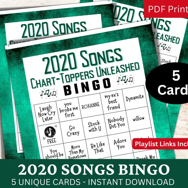 5 2020 Songs Bingo Game Card, Family Reunion Party Night, Throwback Music Bingo with Playlist, Friend Birthday Theme Gathering Activity