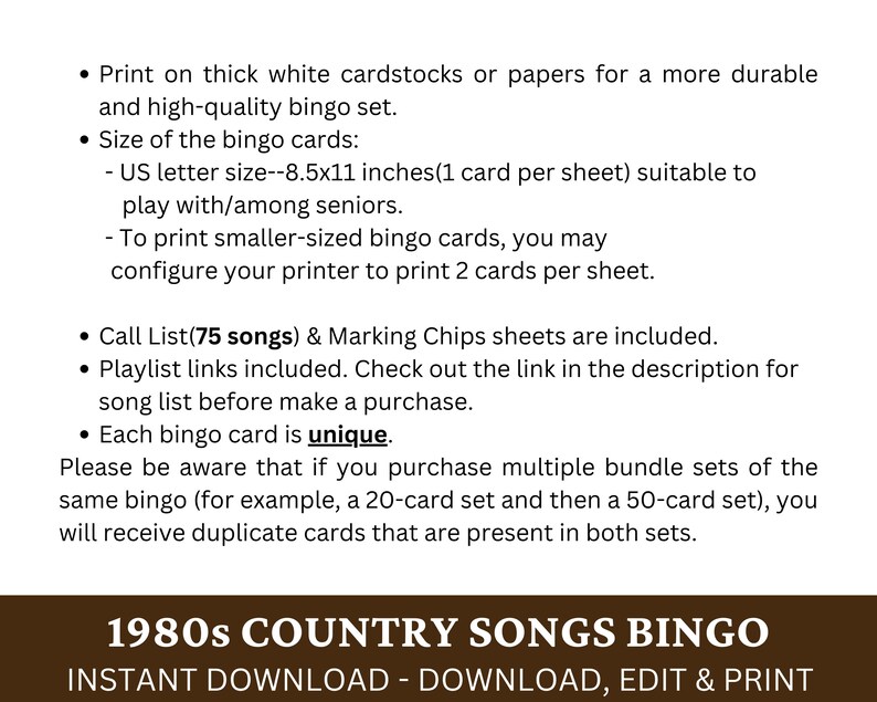 Puede incluir: Un juego de bingo de canciones country de los 80 para imprimir. El texto "1980s Country Songs Bingo" est&aacute; en marr&oacute;n sobre fondo marr&oacute;n. El texto "Instant Download - Download, Edit & Print" est&aacute; en blanco sobre fondo marr&oacute;n. El texto est&aacute; en negrita. El texto est&aacute; centrado en la p&aacute;gina. El fondo es de color marr&oacute;n claro.