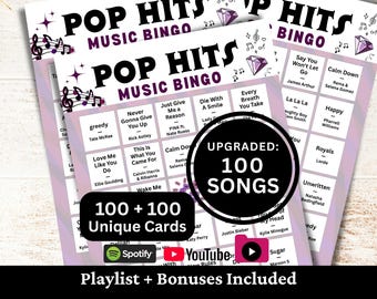 Pop Hits Music Bingo, 100 Cards, 100 Songs Playlists Included, Instant Download
