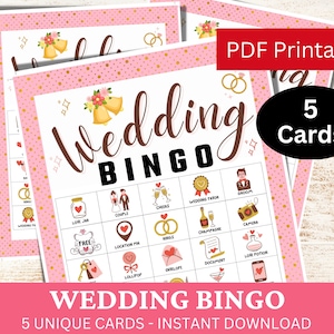 5 tarjetas de juego de bingo de boda, bingo de despedida de soltera, actividad de despedida de soltera, paquete imprimible de mesa de boda, hoja de juego PDF minimalista rosa