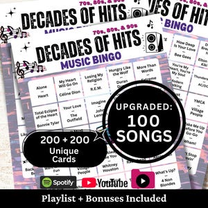 70s 80s 90s Songs Bingo 200 Cards, Music Bingo with Playlist 100 Songs, 1990s 1980s 1970s Family Retro Night Gathering Game Party Activity