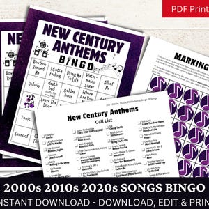 May include: A printable bingo card game featuring popular songs from the 2000s, 2010s, and 2020s. The card has a purple background with white text and musical notes. The title is "New Century Anthems Bingo".