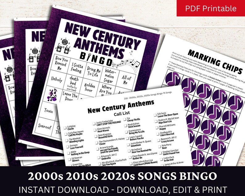 May include: A printable bingo card game featuring popular songs from the 2000s, 2010s, and 2020s. The card has a purple background with white text and musical notes. The title is "New Century Anthems Bingo".