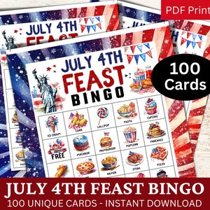 100 July 4th Feast Watercolor Bingo Game, Food Drink Family Party, Summer Guest Activity, Independence Day Theme Icebreaker Printable PDF