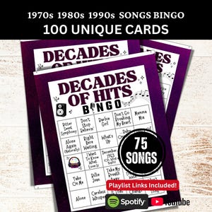 70s 80s 90s Songs Bingo 100 Cards, Music Bingo with Playlist 75 Songs, 1990s 1980s 1970s Family Retro Night Gathering Game Party Activity