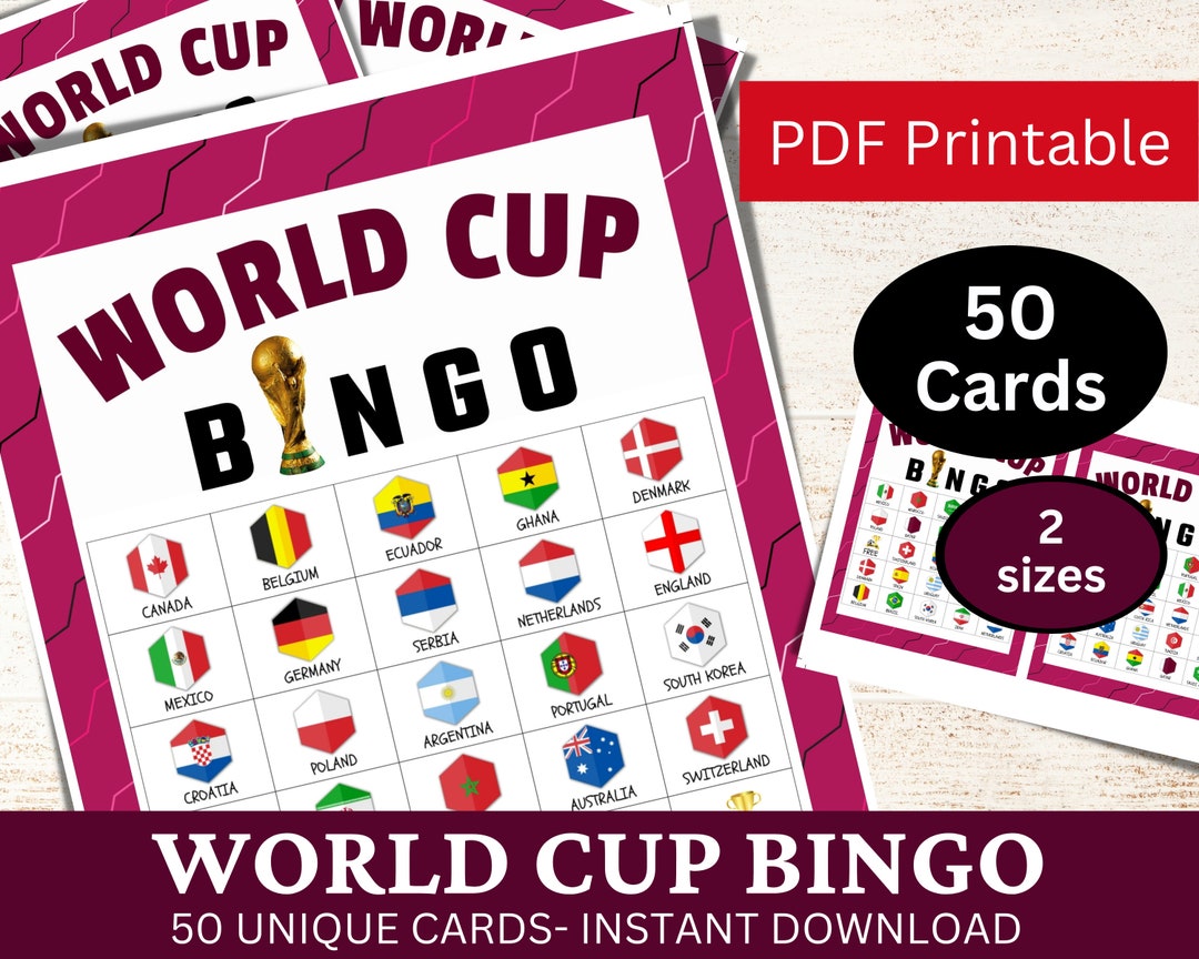 50 World Cup Bingo Game Card, Hexagon Country Flag Set, Printable