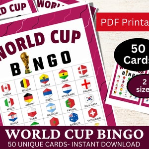 Cartão de jogo de bingo da Copa do Mundo 50, conjunto de bandeira hexagonal do país, atividade de festa para assistir futebol para impressão, partida de futebol, jogo de torneio do Catar PDF