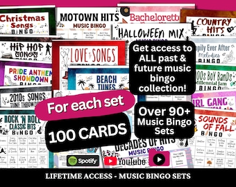 Music Bingo Sets Bundle - 100 Unique Bingo Cards ALL Past and Future Music Bingo Sets, Google Drive Access, Playlists Included