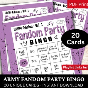 ARMY Fandom Party Bingo 20 Karten, Kpop Songs Streaming Spiel, koreanisches Gruppenjubiläum, Fan Konzert Aktivität Thema Icebreaker Printable PDF