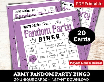 May include: A stack of purple and white "Army Fandom Party Bingo" cards. The cards have a bingo grid with phrases like "Fake Love" and "Idol." The text "20 Cards" is in a black oval. The words "PDF Printable" are in the top right corner.
