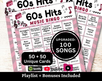 Bingo musical de los 60, 50 cartones, 100 listas de reproducción de canciones incluidas, juego en PDF imprimible, descarga instantánea