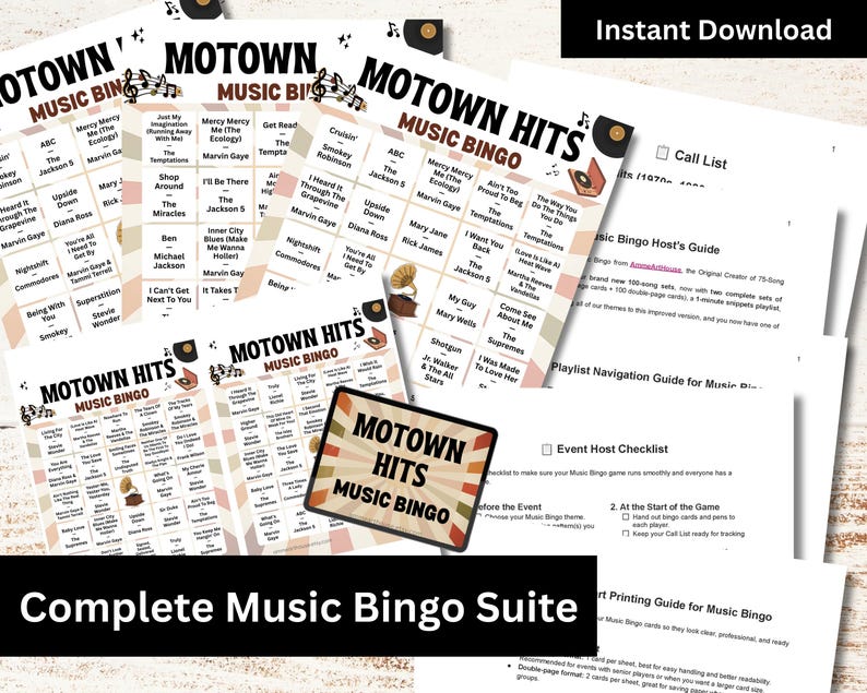 Classic R&B Soul Music Bingo, 100 Cards, 100 Songs Playlists Included, Printable PDF Game, Instant Download image 2