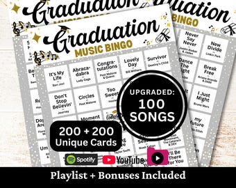 Graduation Hits Music Bingo, 200 Cards, 100 Songs Playlists Included, Singalong Party, Printable PDF Game, Instant Download