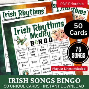 Irish Songs Bingo 50 Karten, Saint Pattys Spiel, Lucky Theme Irland Bingo, Trinkparty Musik Bingo mit Playlist, St Patricks Day Aktivität