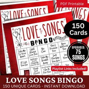 Liebeslieder Bingospiel 150 Karten, Romanze Popmusik Partyaktivität, Familiennachttreffen Klassisch zum Ausdrucken, Geburtstags-PDF für Landliebhaber