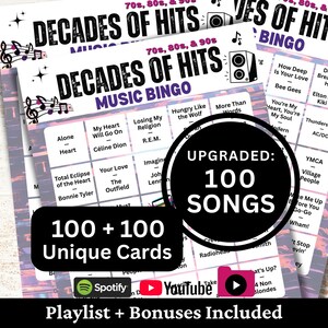 Bingo musical de las décadas de los 70, 80 y 90. Incluye 100 cartones y 100 listas de reproducción de canciones. Juego en PDF imprimible y descarga instantánea.