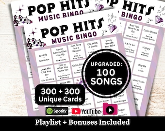 Pop Hits Music Bingo, 300 Cards, 100 Songs Playlists Included, Instant Download