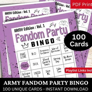 ARMY Fandom Party Bingo 100 kart, gra strumieniowa Kpop Songs, koreańska rocznica grupy, motyw aktywności koncertu fanów Icebreaker do wydrukowania w formacie PDF