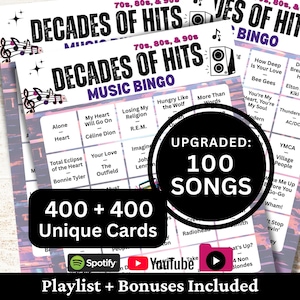 Printable Decades of Hits Music Bingo game for parties, family gatherings, office events, fundraisers, and community game nights. Includes 100 classic songs from the 70s, 80s, and 90s featuring the biggest pop and rock hits from each decade. Comes with 400 + 400 unique cards, Spotify, YouTube, and 1-minute snippets playlists, plus bonus extras.