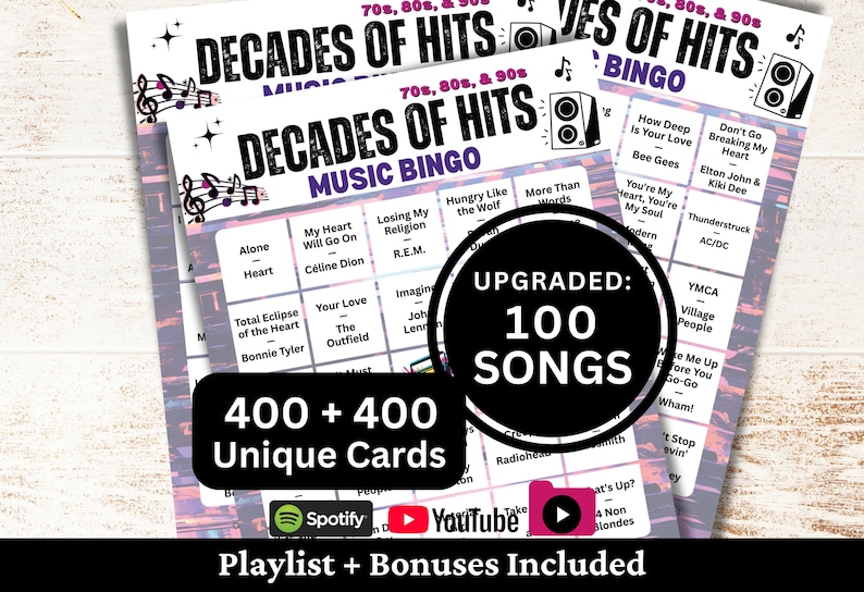 Printable Decades of Hits Music Bingo game for parties, family gatherings, office events, fundraisers, and community game nights. Includes 100 classic songs from the 70s, 80s, and 90s featuring the biggest pop and rock hits from each decade. Comes with 400 + 400 unique cards, Spotify, YouTube, and 1-minute snippets playlists, plus bonus extras.