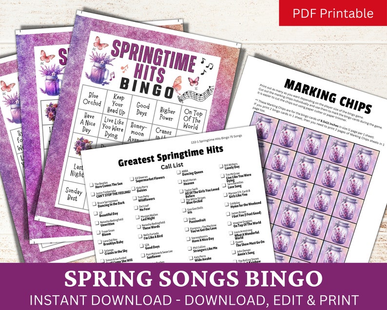 May include: Printable Springtime Hits Bingo game with a purple and white floral design. The game includes a call list of popular spring songs and a bingo card with squares featuring song titles like "Good Days", "Honeymoon", and "On Top of the World".