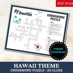 Hawaii Crossword Puzzle Printable Game, Fun Travel Theme Birthday Activity, Summer Aloha Beach Luau Party, Hawaiian Gathering Word Game PDF